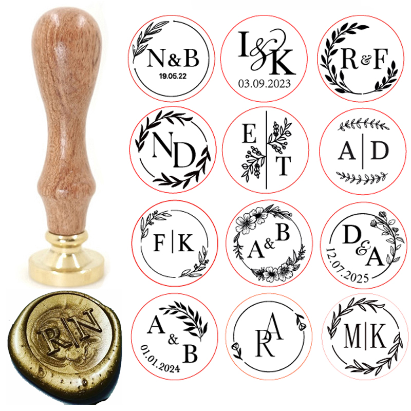 Wax Seal Stamp Set - カスタム真鍮ワックスシールスタンプ、2つのイニシャルオーナメントリース付き、ヴィンテージ風、DIY結婚式の招待状や手紙に再利用可能、無料彫刻